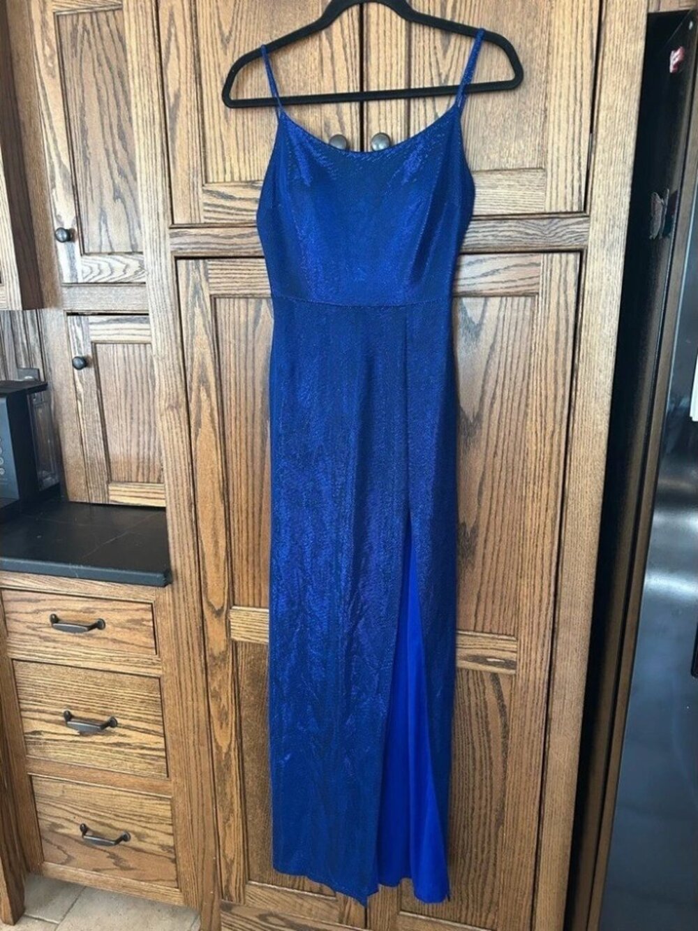 B. Darlin Womens Juniors Blue Sparkle Leg Slit Evening Gown Dress